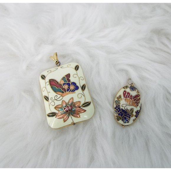 Vintage Cloisonne Enamel Butterfly Pendants Set of 2 - Picture 1 of 12